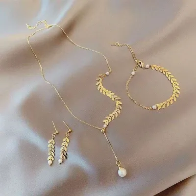 Fashion Pearl Leaf Design Necklace Earrings Set (4 pcs)